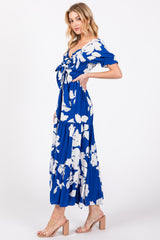 Royal Floral Smocked Knotted Top Maxi Dress