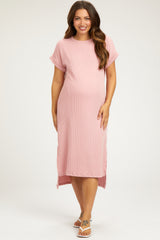 Light Pink Ribbed Short Sleeve Maternity Midi Dress