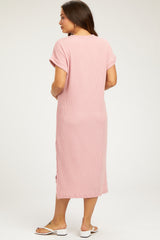 Light Pink Ribbed Short Sleeve Maternity Midi Dress
