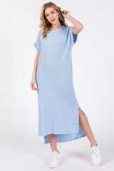 Light Blue Ribbed Short Sleeve Maternity Midi Dress