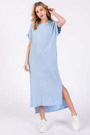 Light Blue Ribbed Short Sleeve Midi Dress