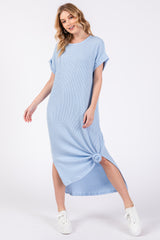 Light Blue Ribbed Short Sleeve Midi Dress