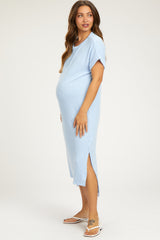 Light Blue Ribbed Short Sleeve Maternity Midi Dress