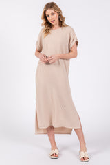 Beige Ribbed Short Sleeve Midi Dress