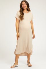 Beige Ribbed Short Sleeve Maternity Midi Dress