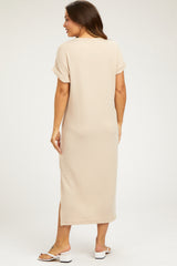 Beige Ribbed Short Sleeve Maternity Midi Dress