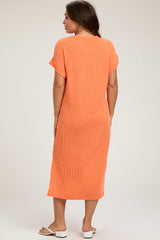 Orange Ribbed Short Sleeve Maternity Midi Dress