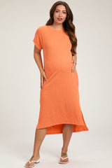 Orange Ribbed Short Sleeve Maternity Midi Dress