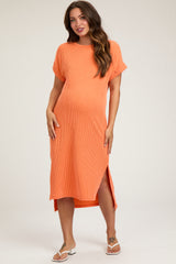 Orange Ribbed Short Sleeve Maternity Midi Dress