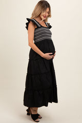 Black Embroidered Smocked Maternity Midi Dress