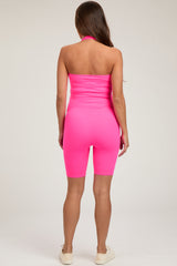 Fuchsia Ribbed Fitted Halter Maternity Romper