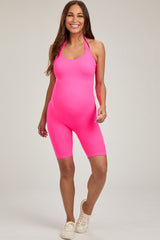 Fuchsia Ribbed Fitted Halter Maternity Romper