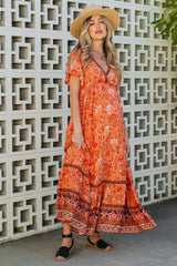 Orange Floral Flounce Sleeve Maternity Maxi Dress