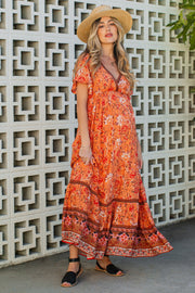 Orange Floral Flounce Sleeve Maternity Maxi Dress