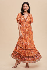 Orange Floral Flounce Sleeve Maternity Maxi Dress