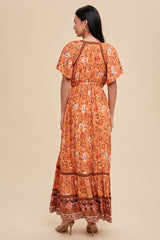 Orange Floral Flounce Sleeve Maxi Dress