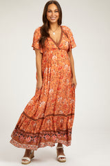 Orange Floral Flounce Sleeve Maternity Maxi Dress