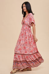 Pink Floral Flounce Sleeve Maxi Dress