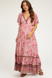 Pink Floral Flounce Sleeve Maternity Maxi Dress