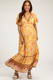 Yellow Floral Flounce Sleeve Maternity Maxi Dress