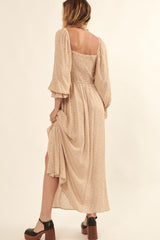 Sand Floral Square Neck Smocked Long Sleeve Maxi Dress