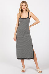 Charcoal Striped Sleeveless Fitted Side Slit Maternity Dress