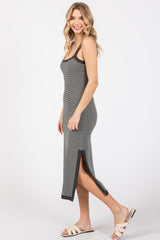 Charcoal Striped Sleeveless Fitted Side Slit Dress