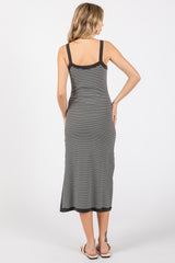 Charcoal Striped Sleeveless Fitted Side Slit Dress