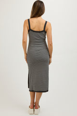 Charcoal Striped Sleeveless Fitted Side Slit Maternity Dress