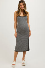 Charcoal Striped Sleeveless Fitted Side Slit Maternity Dress