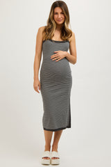 Charcoal Striped Sleeveless Fitted Side Slit Maternity Dress