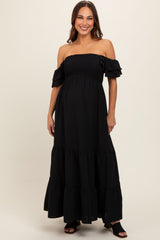 Black Smocked Ruffle Off Shoulder Tiered Maternity Maxi Dress