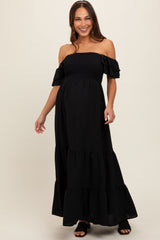 Black Smocked Ruffle Off Shoulder Tiered Maternity Maxi Dress