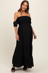 Black Smocked Ruffle Off Shoulder Tiered Maternity Maxi Dress