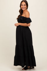 Black Smocked Ruffle Off Shoulder Tiered Maternity Maxi Dress