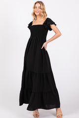 Black Smocked Ruffle Off Shoulder Tiered Maternity Maxi Dress