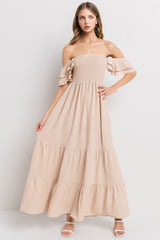 Taupe Smocked Ruffle Off Shoulder Tiered Maxi Dress