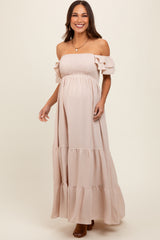 Taupe Smocked Ruffle Off Shoulder Tiered Maternity Maxi Dress