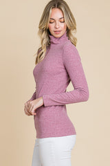 Mauve Ribbed Mock Neck Long Sleeve Top