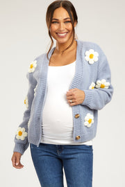 Light Blue Floral Knit Button Front Maternity Cardigan