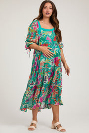 Turquoise Floral Half-Length Sleeve Tie Maternity Midi Dress