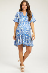 Blue Print Satin Puff Sleeve Maternity Dress