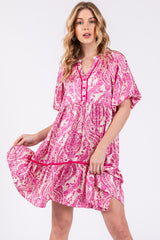 Fuchsia Print Satin Puff Sleeve Maternity Dress