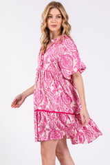 Fuchsia Print Satin Puff Sleeve Dress