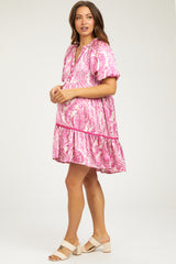 Fuchsia Print Satin Puff Sleeve Maternity Dress