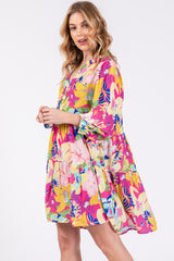 Fuchsia Multicolor Floral 3/4 Length Sleeve Dress