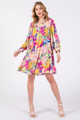 Fuchsia Multicolor Floral 3/4 Length Sleeve Dress