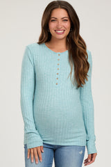 Light Teal Ribbed Knit Button Long Sleeve Maternity Top