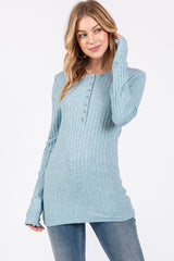 Light Teal Ribbed Knit Button Long Sleeve Maternity Top