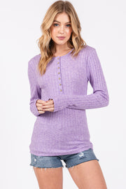 Lavender Ribbed Knit Button Long Sleeve Top